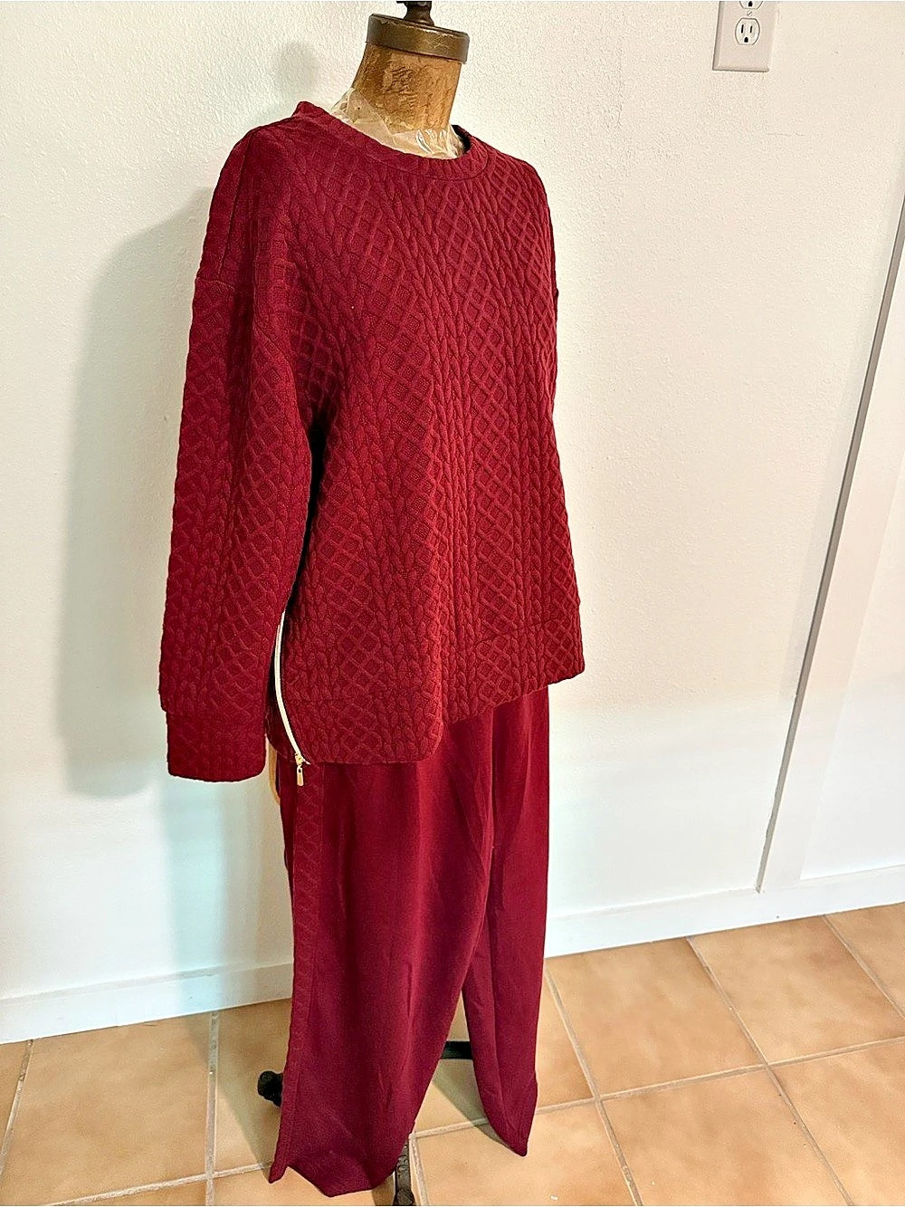 NWT Nanette Lepore Quilted Track Suit Loungewear 2-Piece Set Burgundy sizes L &